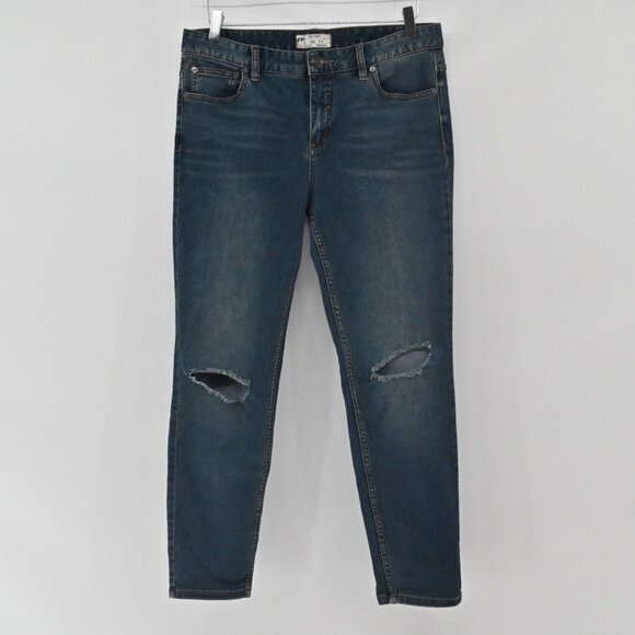 FREE PEOPLE Jeans Womens Sz 31 Dark Wash Distressed Busted Knee Mid Rise Skinny - Picture 4 of 12
